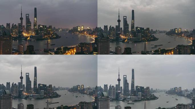 T/L WS HA TU上海天际线高架视图，黎明到白天的过渡/中国上海