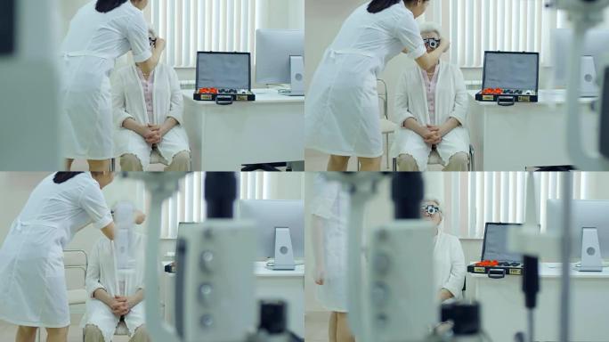 女眼科医生将试验架放在患者脸上