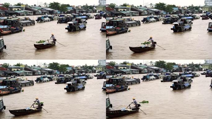 越南湄公河三角洲芹省蔡让港水上市场传统市场女子划艇的4k镜头，运输和商品概念