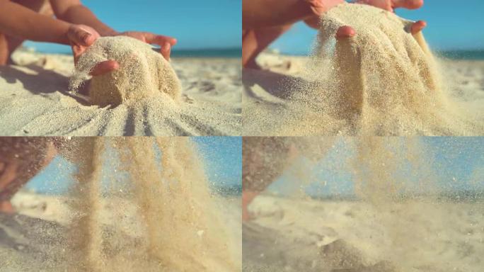 慢动作: 女人用手sc起沙子，然后将其散射到相机上