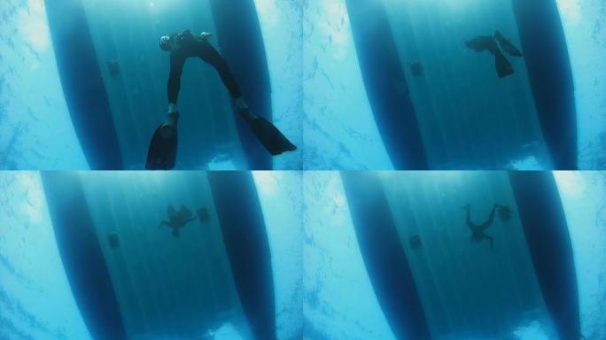 HD慢速运动：潜水员游回船上