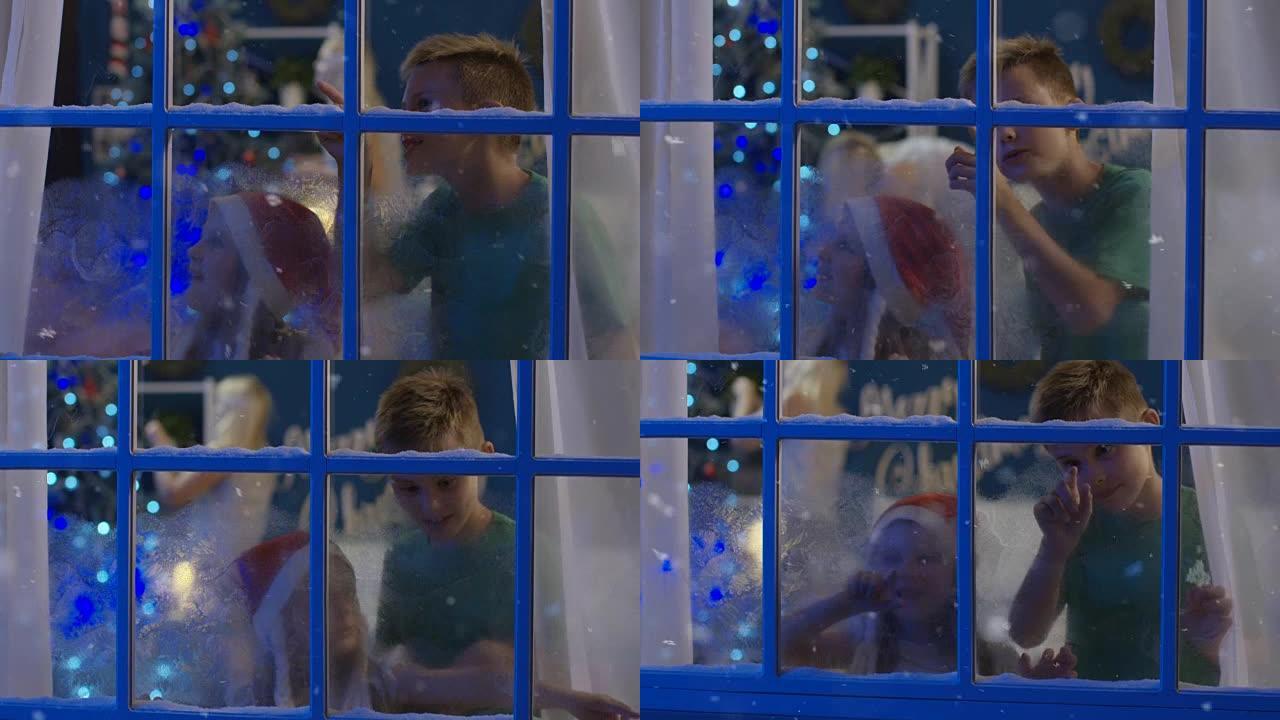 圣诞节之夜，激动的孩子在冰冻的窗户里