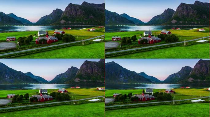 挪威罗浮敦群岛，鸟瞰峡湾和田园村庄