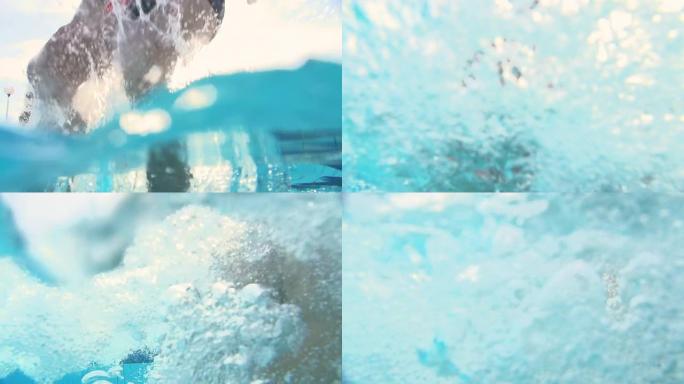 高清超级慢镜头：情侣在泳池中跳跃