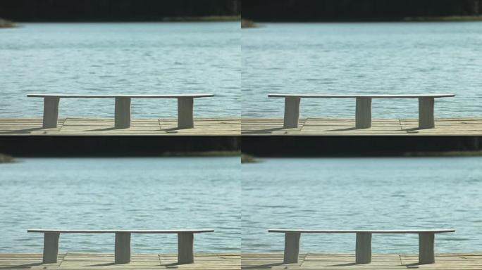 湖岸的孤独长凳无人空镜头简洁简约风格湖水