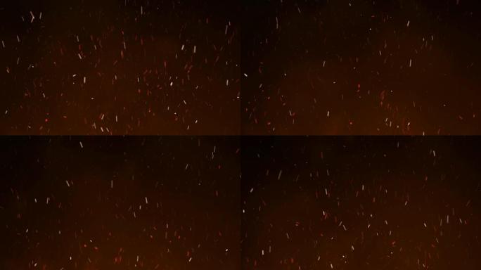 夜空中的大火燃烧着炽热的火花。向上移动。抽象孤立的火焰发光粒子在黑色背景上飞起来。循环3d动画。