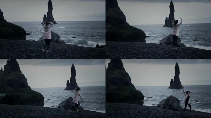喜欢冰岛黑色海滩的时尚女性