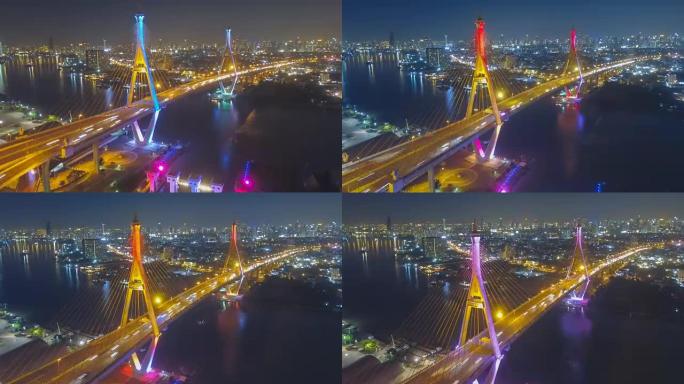两次穿越湄南河的普密蓬大桥工业环桥的鸟瞰图。泰国曼谷新地标的暮色，日落场景