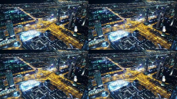 夜间迪拜高速公路夜景万家灯火车流金融中心
