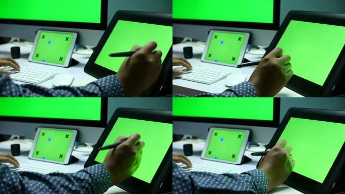 4K: 显示器上的设计师绘图，绿屏