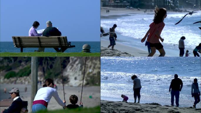 海边景色 沙滩游玩的人群 海鸥海浪海滩