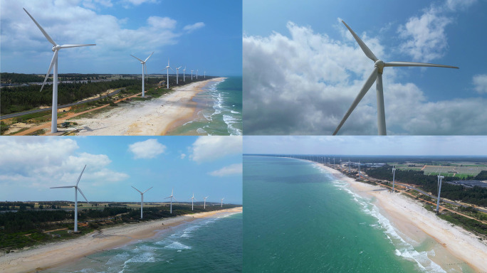 风力发电海岸风车航拍