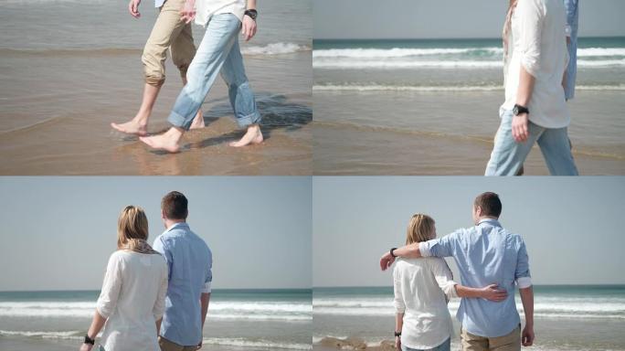 海滩上的情侣依偎在一起低角度低视角欧美人