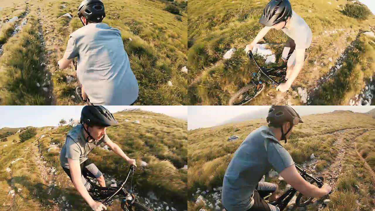 山地自行车骑手在晴天骑自行车穿越落基山景观