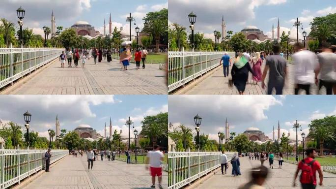延时: 土耳其伊斯坦布尔老城广场圣索菲亚大教堂的旅行者人群
