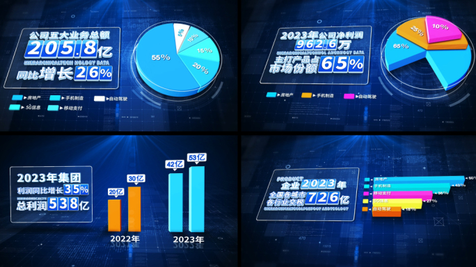 蓝色科技文字数据三维饼图图表展示AE模板