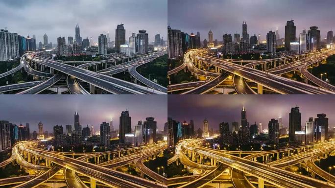 T/L WS哈子高峰时段交通螺旋延安桥周围，昼夜过渡/中国上海