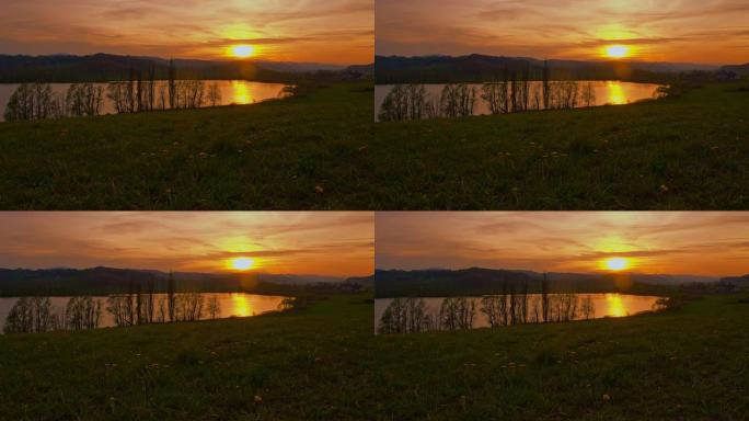 日落时湖边的DS草地