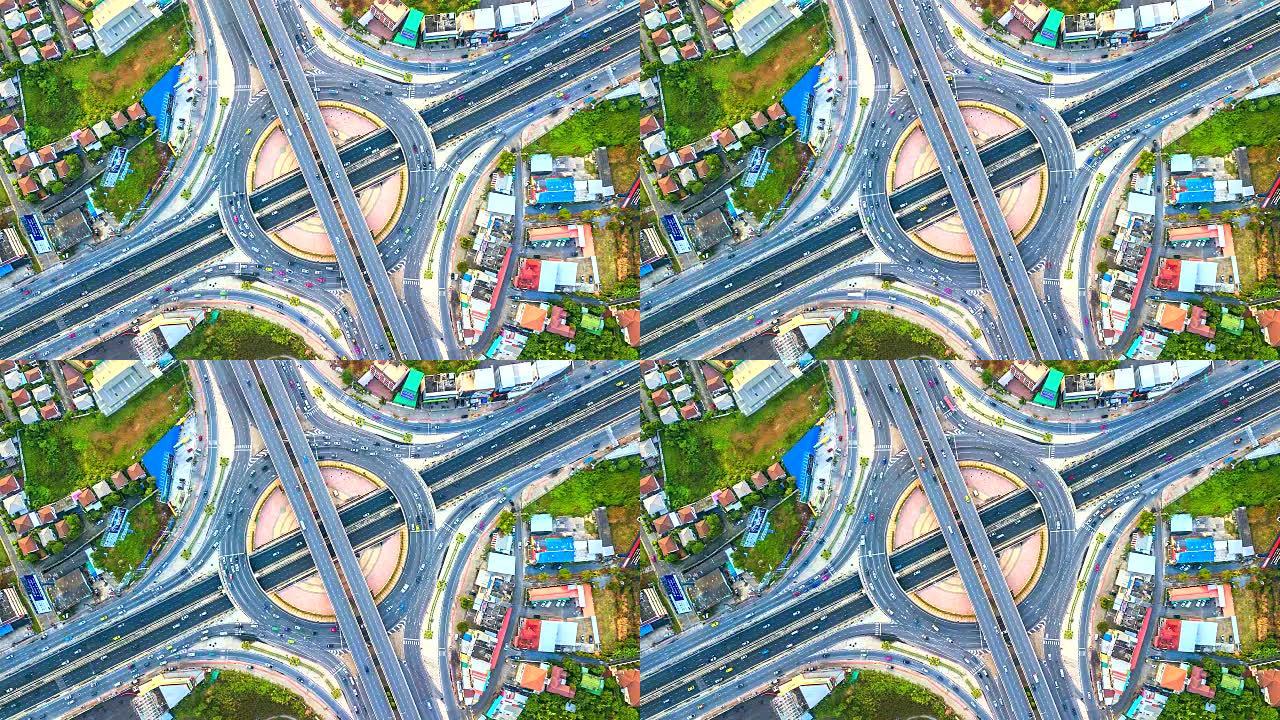 鸟瞰图交通在高速公路，高速公路和高速公路在马戏团交叉口的细节