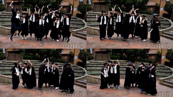 拉丁美洲兴奋的年轻人庆祝他们刚刚毕业拥抱和跳跃