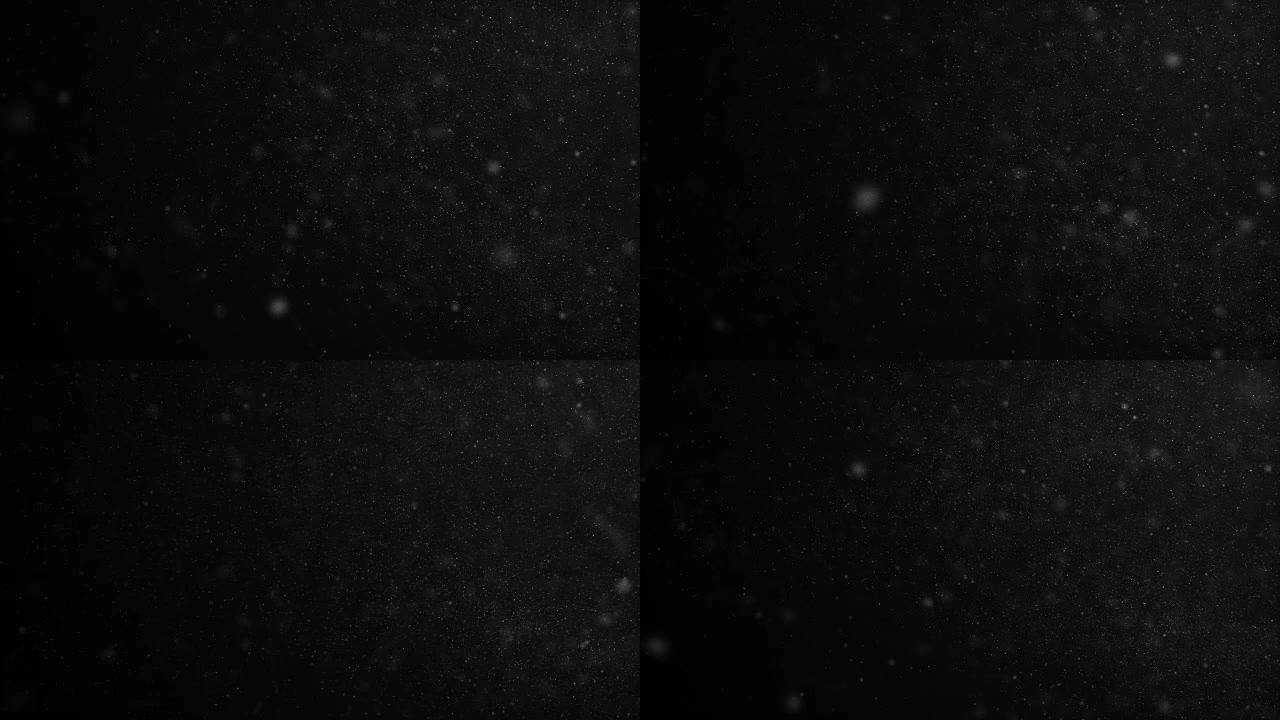 美丽的无缝尘埃粒子特写镜头在黑色背景下在风中慢动作飞行。空中浮点的循环3d动画与散景。