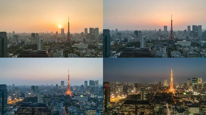 东京铁塔日夜时间流逝，向下倾斜