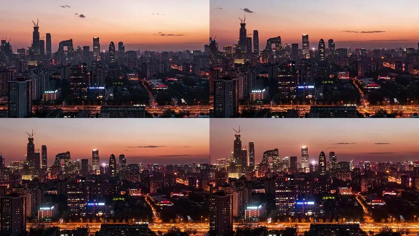 T/L MS HA ZI鸟瞰奇妙的城市场景，黄昏到夜晚的过渡/中国北京