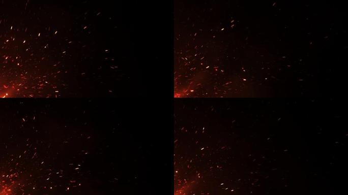 美丽燃烧的炽热火花从夜空的大火中升起。抽象孤立的火焰发光粒子在黑色背景上飞起来。循环3d动画。