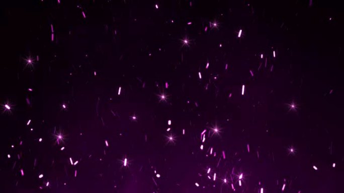 美丽的魔法火花从夜空的大火中升起。抽象孤立的紫色发光粒子在黑色背景上飞起来。循环3d动画。向上移动。