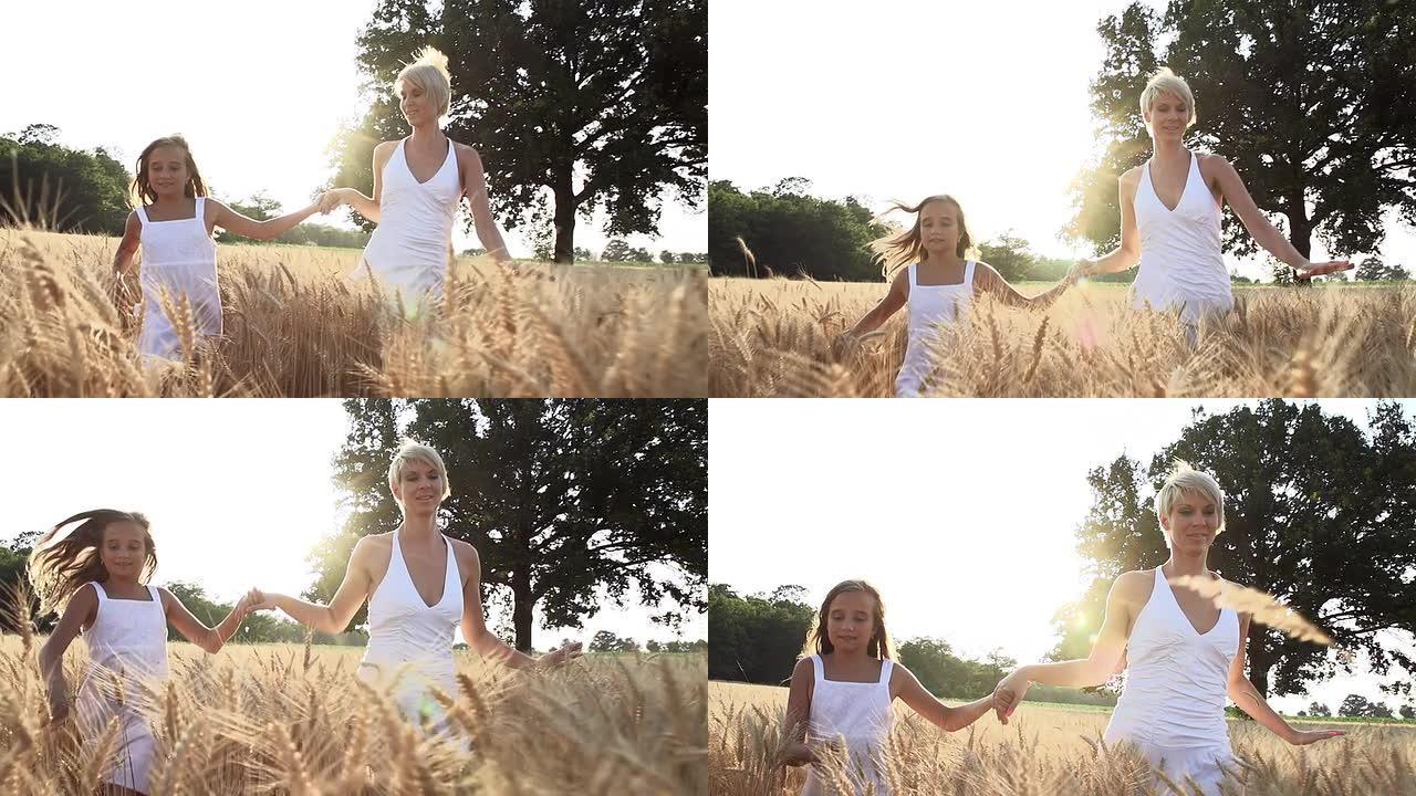 高清超慢动作: 母女在小麦中奔跑