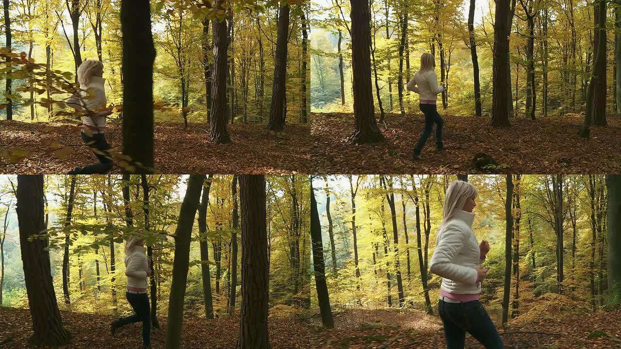 高清慢动作稳定镜头：女子在森林中奔跑