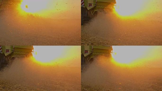 联合收割机切割小麦的SLO MO粉尘