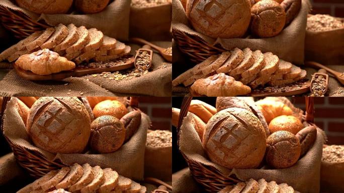 在质朴的木制工作台上新鲜出炉的美味面包，具有复制空间，健康饮食理念。