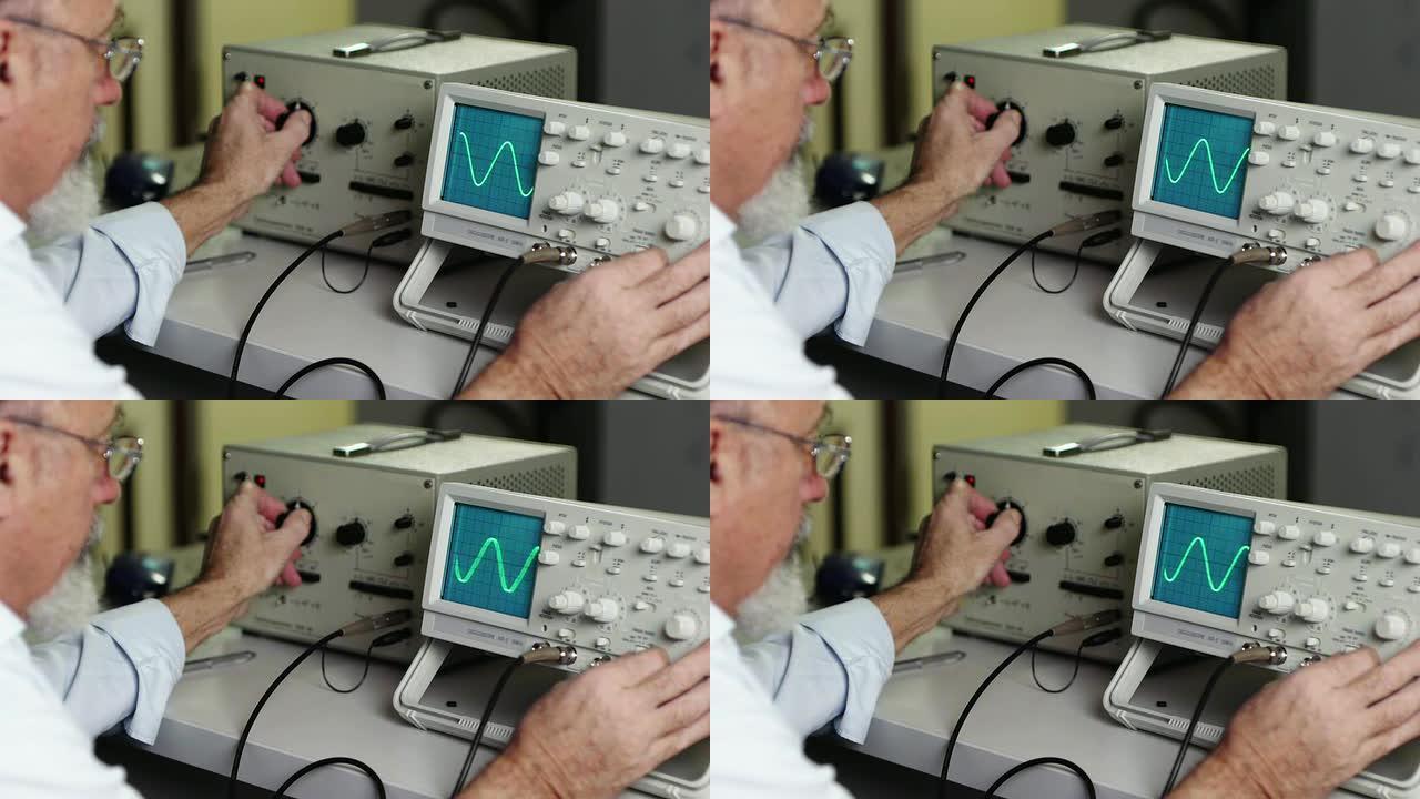 带示波器的科学家零部件做实验曲线波浪