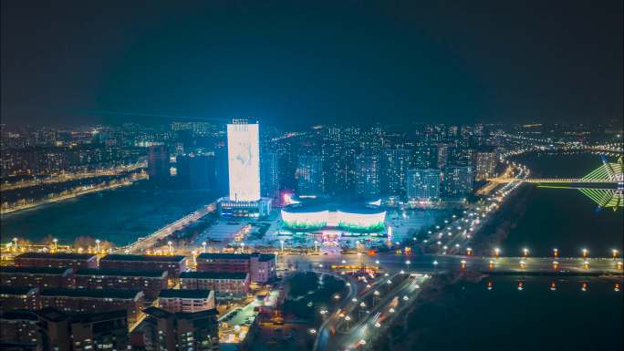 聊城城市市民中心开发区夜景航拍延时