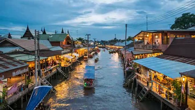 泰国黄昏的Amphawa浮动市场，浮动市场，时间Lapase