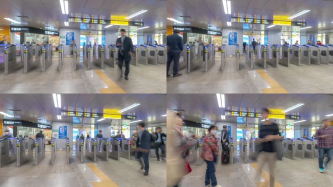 延时: 韩国首尔站拥挤的行人背景模糊
