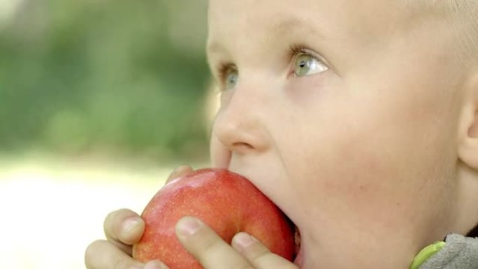 正在吃红苹果的男孩