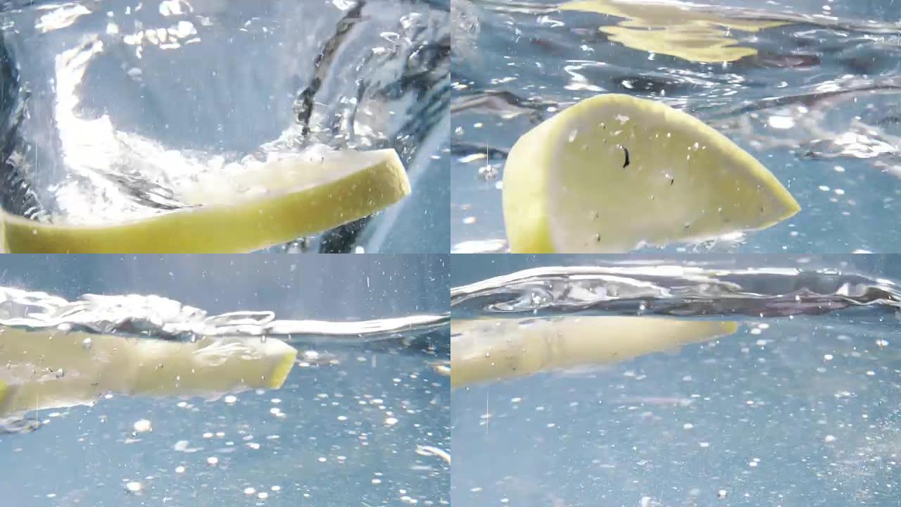 水表面的柠檬片柠檬水特写