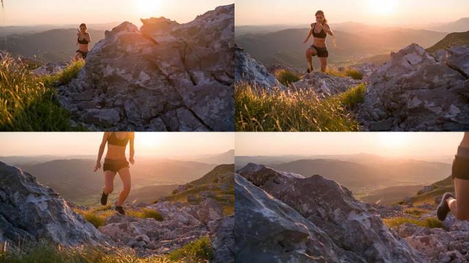 年轻女运动员在日落时上山奔跑