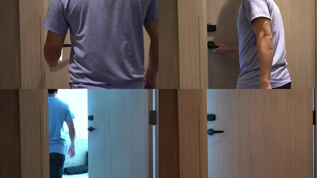 使用电子安全钥匙卡打开酒店房间的门，度假和休闲概念的年轻人的4k镜头