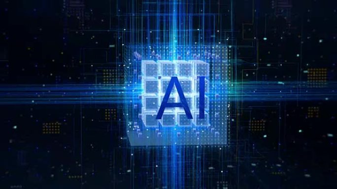 的概念: 人工智能计算核心的可视化。立方体中的AI字母。