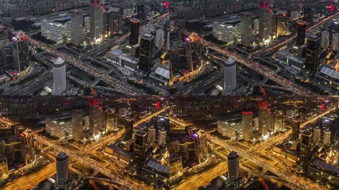 T/L WS HA ZO鸟瞰图奇妙的城市场景和拥挤的交通，昼夜过渡/中国北京