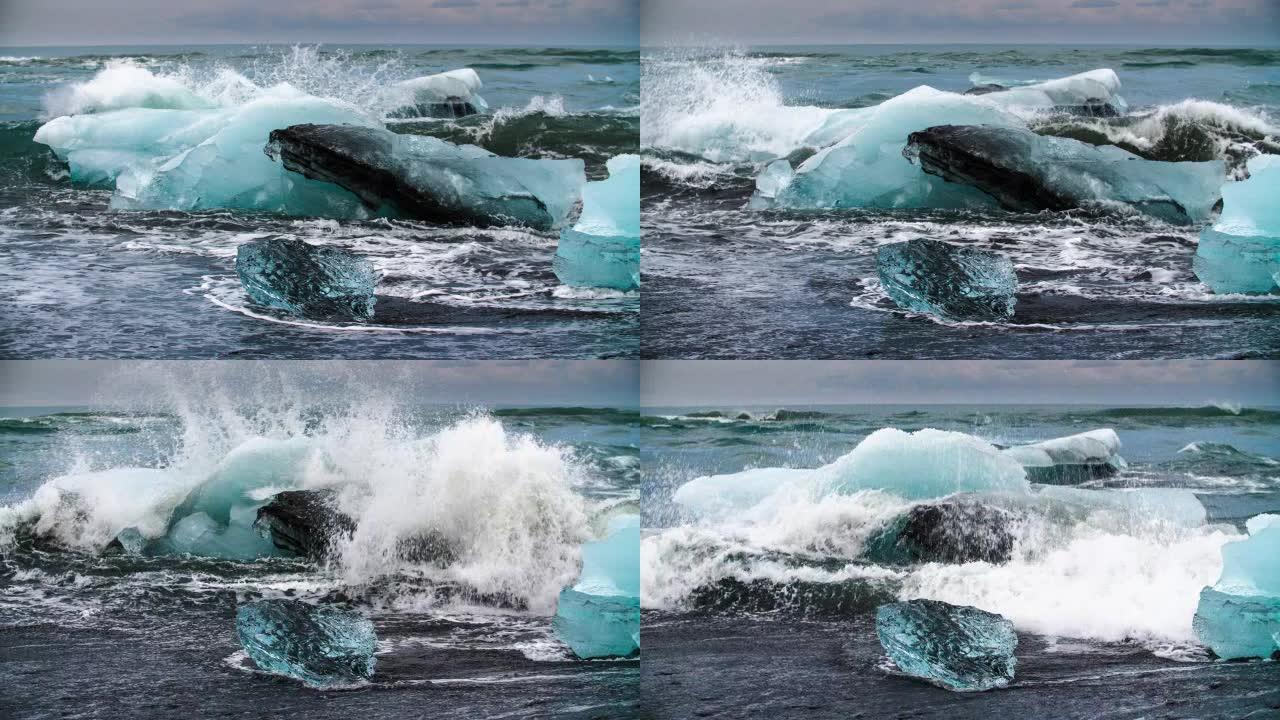 缓慢运动：波涛汹涌的大海中的冰山