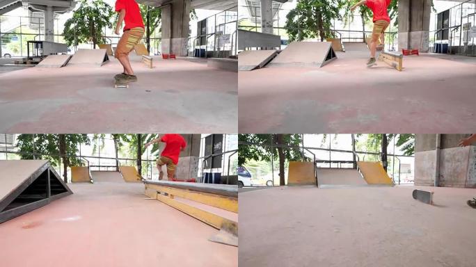 特写慢动作: 滑板运动员的极限运动HDR视频。滑板运动员跳跃kickflip技巧。