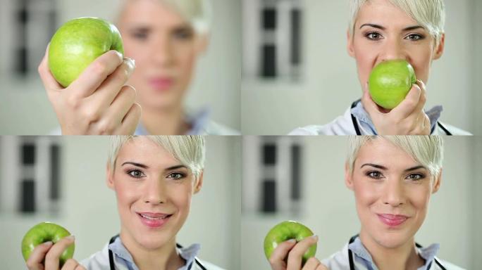 女医生吃青苹果焦点转移欧美女性绿色健康