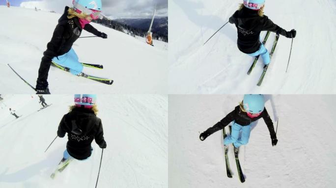 SLO MO POV女人在滑雪场上滑雪