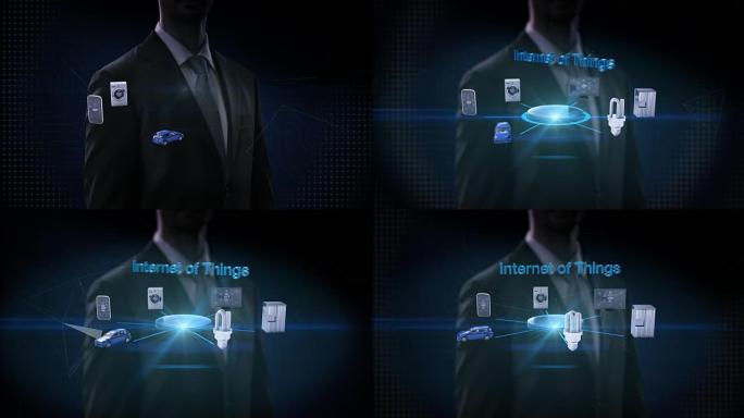 商人触摸 “物联网”，连接移动，汽车，节能，洗衣机，冰箱，智能家居设备，4k电影。