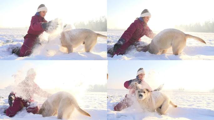 SLO MO女孩在雪地里玩小狗