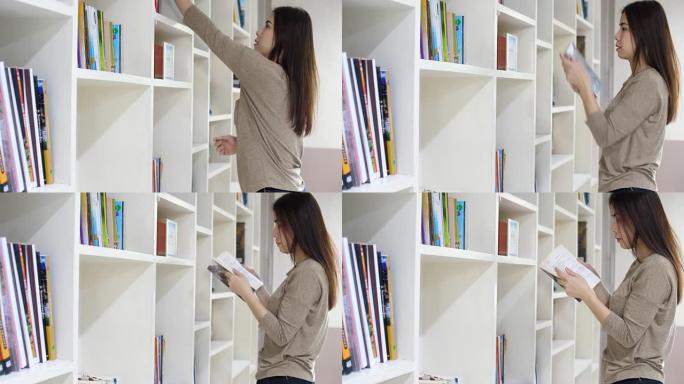 学生女孩在书架上寻找书